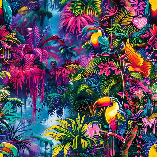 Seamless 3D PBR Texture of Vibrant Tropical Graffiti Mural with Exotic Birds and Jungle F… texture preview