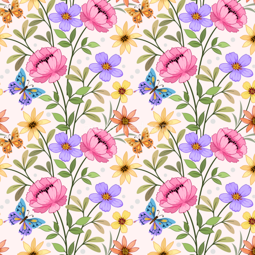 Seamless 3D PBR Floral Fabric Texture Featuring Watercolor Butterflies and Vibrant Flowers