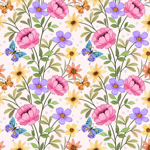 Floral Fabric Texture Featuring Watercolor Butterflies and Vibrant Flowers seamless Watercolor Butterflies PBR texture
