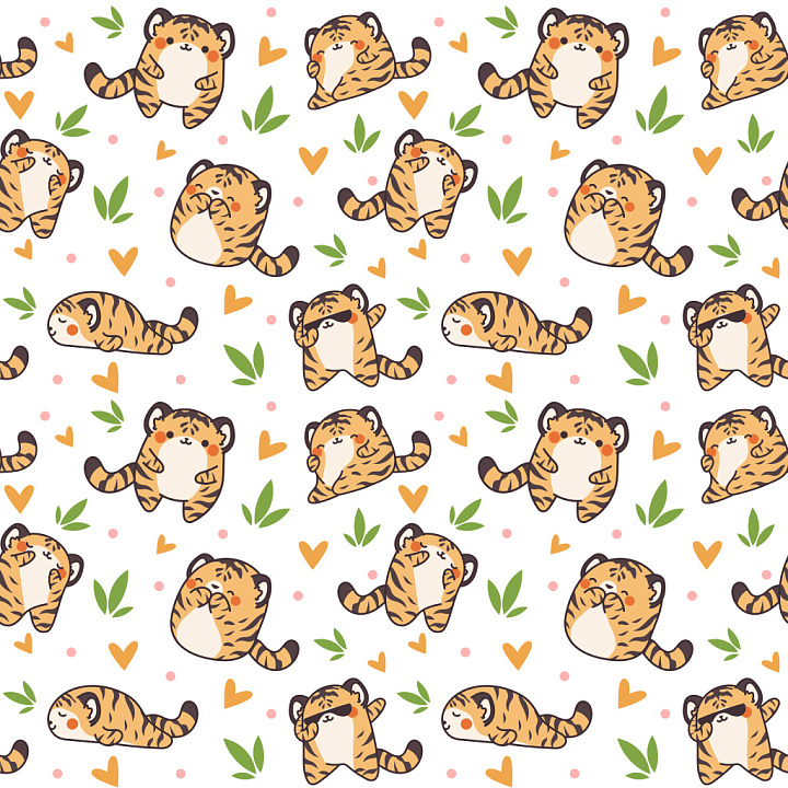 Pattern With Playful Cartoon Tiger Motifs And Heart Accents seamless PBR texture preview