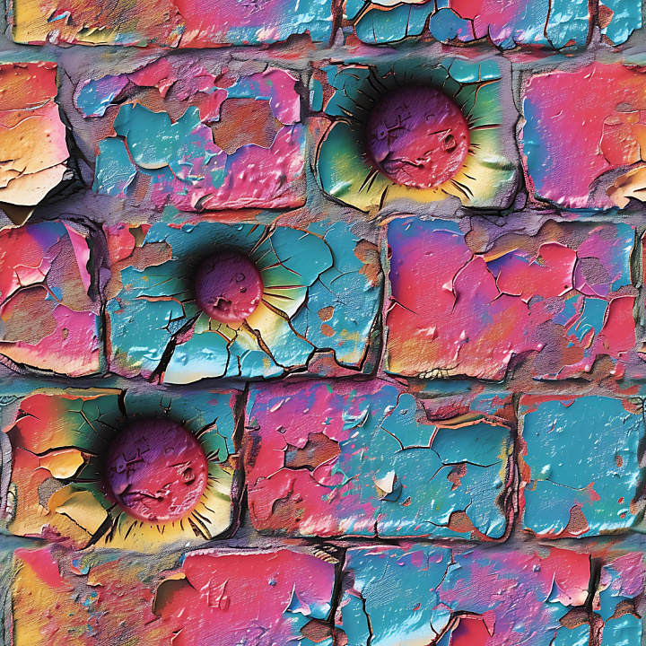 Cracked Paint Brick With Multicolored Holes and Peeling Surface seamless PBR texture preview