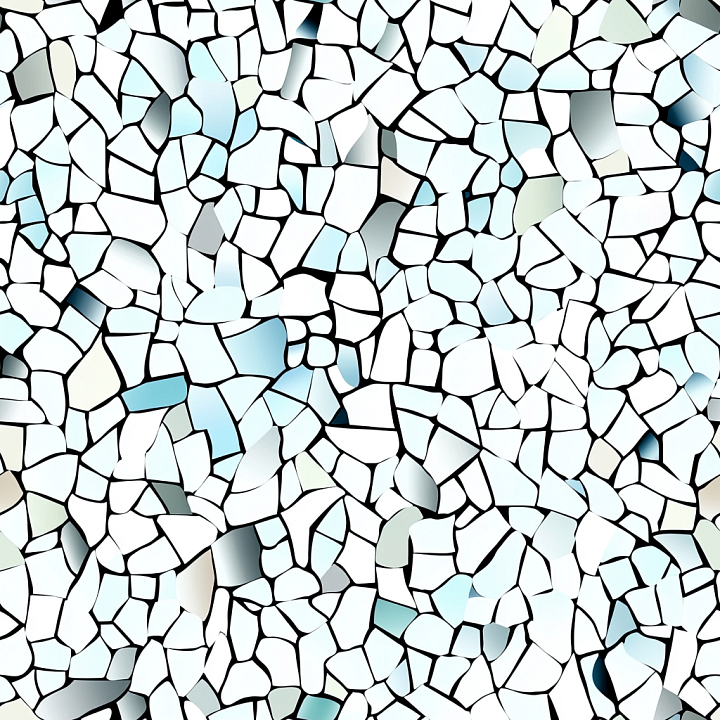 Mosaic of Irregular White and Light Blue Stone Tiles with Black Grout seamless PBR texture preview