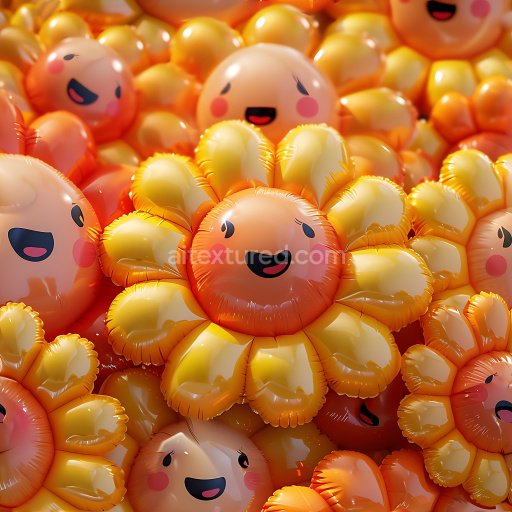 Seamless 3D Inflated PBR Texture Featuring Smiling Flower-Shaped Balloons in Warm Yellow and Orange