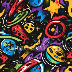 seamless Seamless 3D PBR Texture Featuring Vibrant Space-themed Graffiti with Stars and Abstract Shapes texture 8k free download PBR