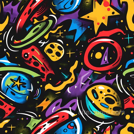 Seamless 3D PBR Texture Featuring Vibrant Space-themed Graffiti with Stars and Abstract S… texture preview