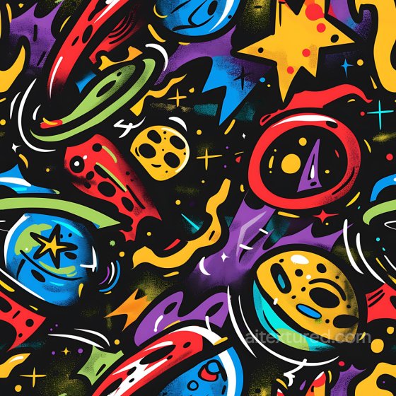 Featuring Vibrant Space-themed Graffiti with Stars and Abstract Shapes Graffiti texture preview