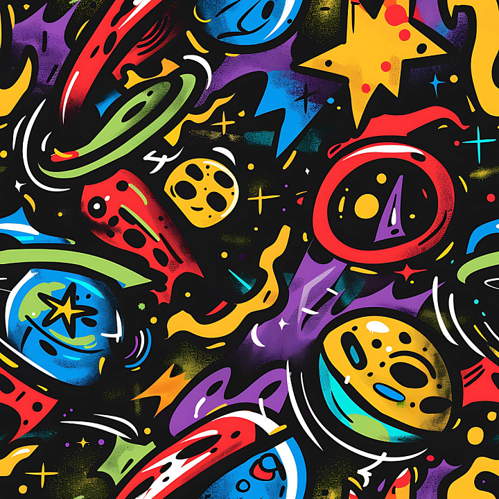 Featuring Vibrant Space-themed Graffiti with Stars and Abstract Shapes seamless PBR texture preview