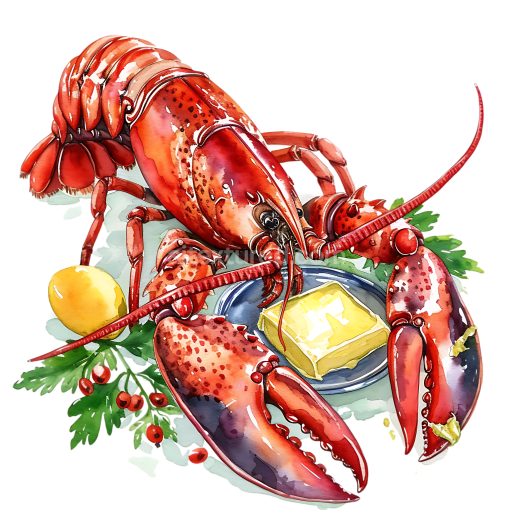 Breakfast Lobster with Butter and Garnish Watercolor Illustration