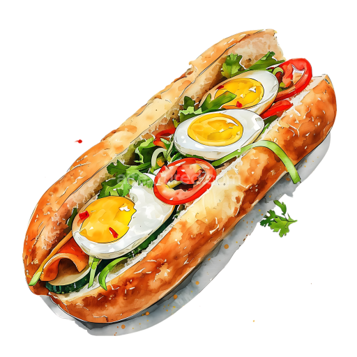 Banh Mi Breakfast Sandwich with Boiled Eggs and Fresh Vegetables Illustration