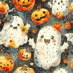 seamless Seamless 3D PBR Watercolor Halloween Fabric Texture with Cute Ghosts and Jack-o'-Lanterns texture 8k free download PBR