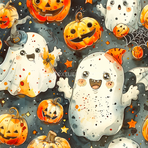 Seamless 3D PBR Watercolor Halloween Fabric Texture with Cute Ghosts and Jack-o'-Lanterns