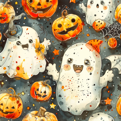Watercolor Halloween Fabric Texture with Cute Ghosts and Jack-o'-Lanterns seamless Watercolor Halloween PBR texture