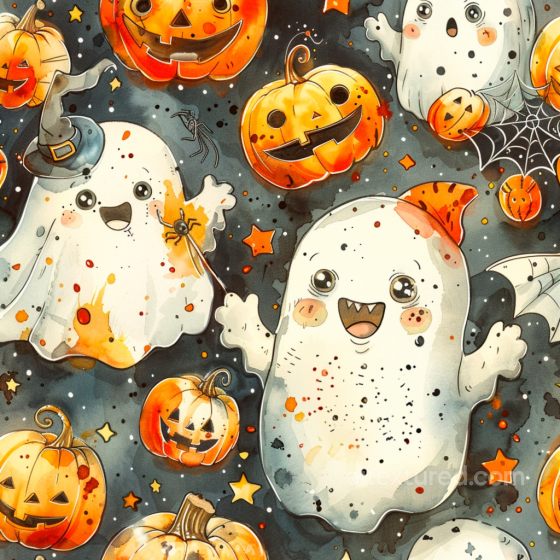 Watercolor Halloween Fabric Texture with Cute Ghosts and Jack-o'-Lanterns Watercolor Halloween texture preview