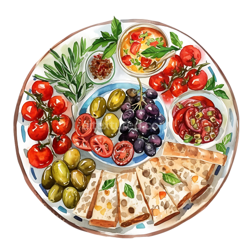 Mediterranean Breakfast Platter Illustration with Olives and Fresh Vegetables