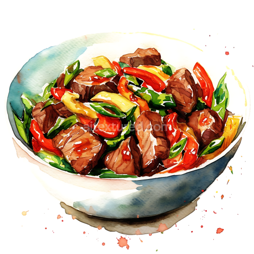 Watercolor Beef Stir-Fry Breakfast Bowl with Colorful Veggies Illustration