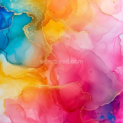 Seamless 3D Alcohol Ink PBR Texture Featuring Vivid Multicolor Fluid Waves and Gold Veining