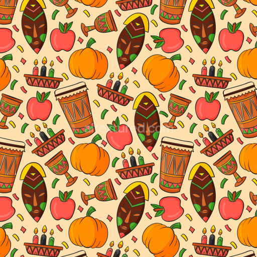Seamless 3D PBR Thanksgiving Pattern Texture with Pumpkins and African Motifs