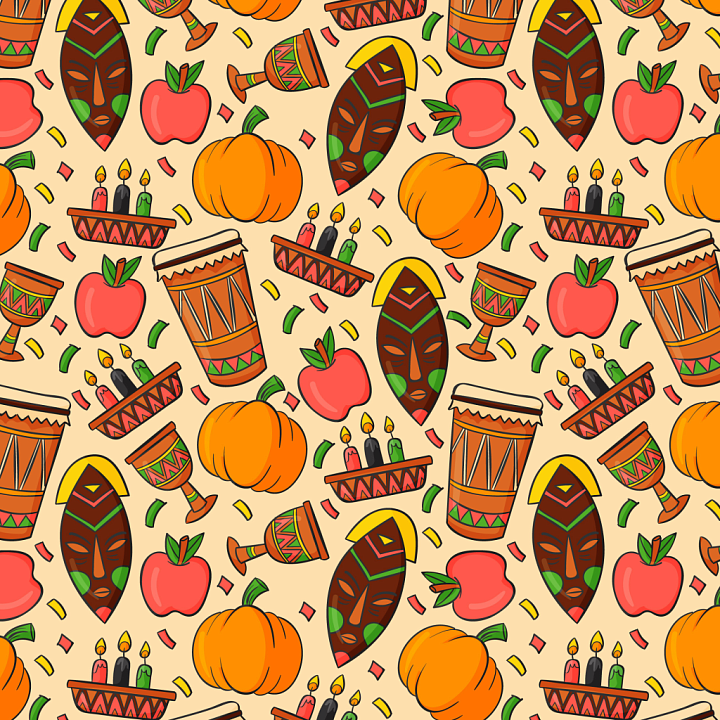 Thanksgiving Pattern with Pumpkins and African Motifs seamless PBR texture preview