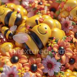 seamless Seamless 3D Inflated PBR Texture Featuring Cute Yellow Bee and Colorful Flowers texture 8k free download PBR