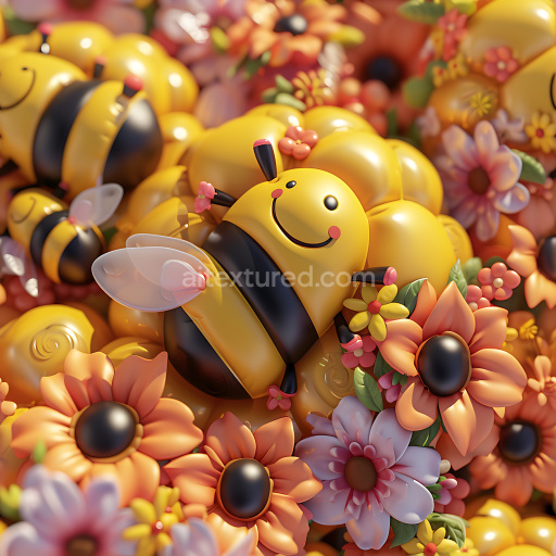 Seamless 3D Inflated PBR Texture Featuring Cute Yellow Bee and Colorful Flowers