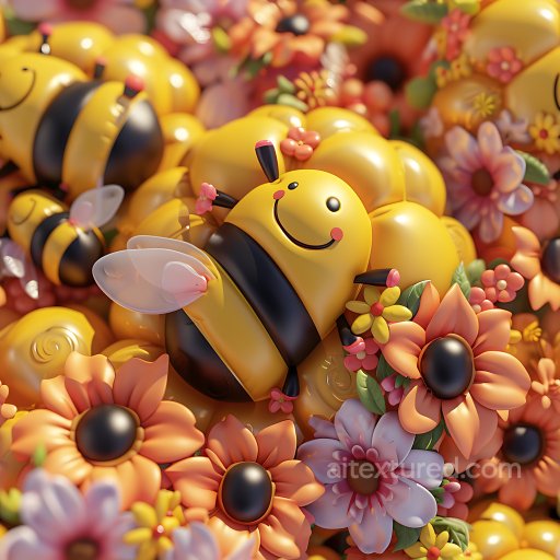 Inflated PBR Texture of Cartoon Bumblebees and Colorful Flowers seamless Inflated PBR texture