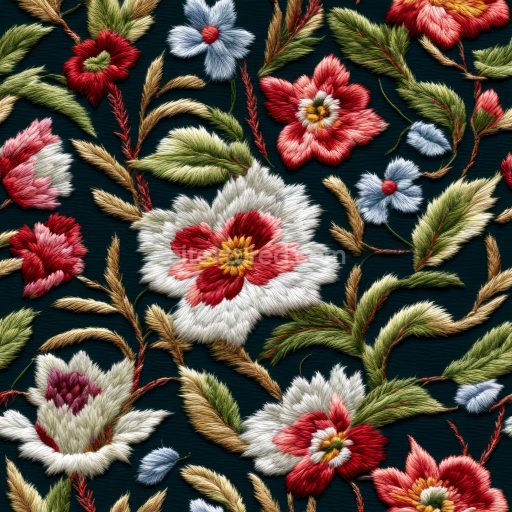 Seamless 3D PBR Texture of Colorful Embroidered Floral Fabric with Detailed Stitching