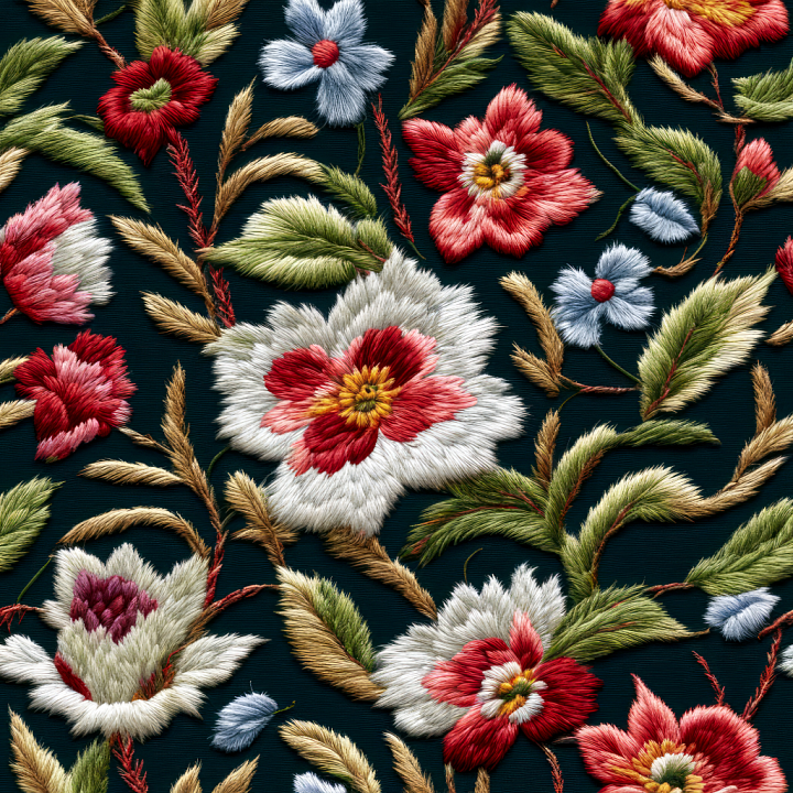 Colorful Embroidered Floral Fabric with Detailed Stitching seamless PBR texture preview
