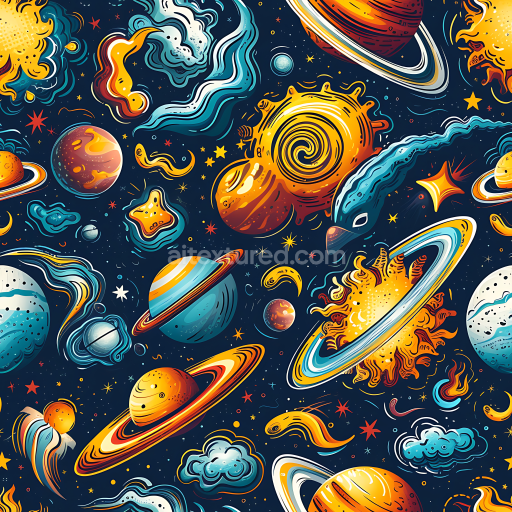 Seamless 3D Space PBR Texture Featuring Stylized Cartoon Planets and Cosmic Elements