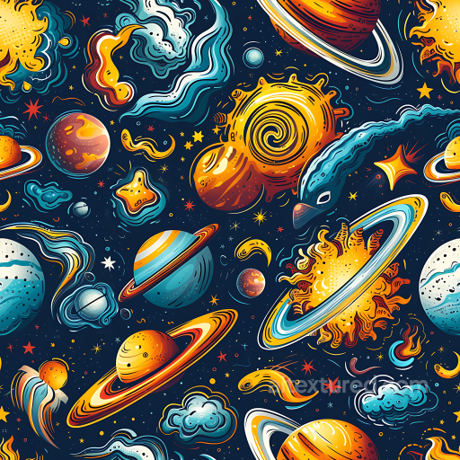 Space PBR Texture Featuring Stylized Cartoon Planets and Cosmic Elements seamless Star, space, planets PBR texture