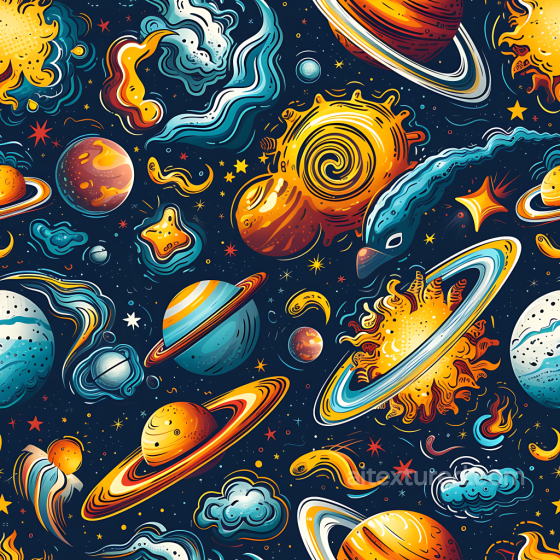 Space PBR Texture Featuring Stylized Cartoon Planets and Cosmic Elements Star, space, planets texture preview