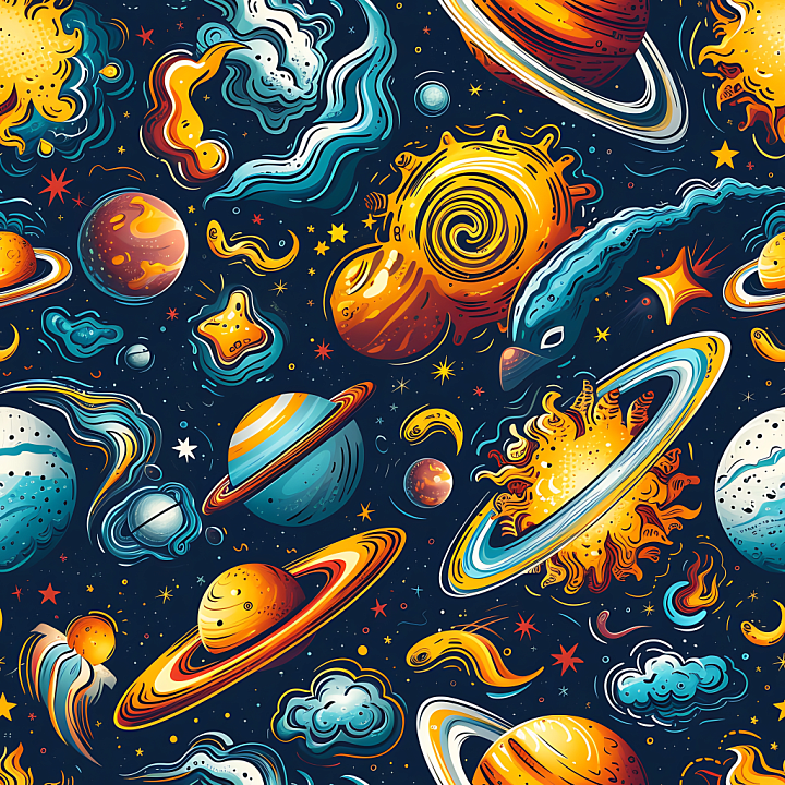 Space Featuring Stylized Cartoon Planets and Cosmic Elements seamless PBR texture preview
