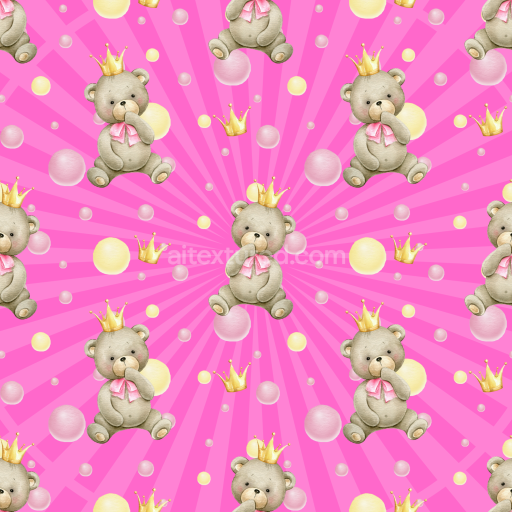 Seamless 3D PBR Texture of Cute Teddy Bears with Crowns on Pink