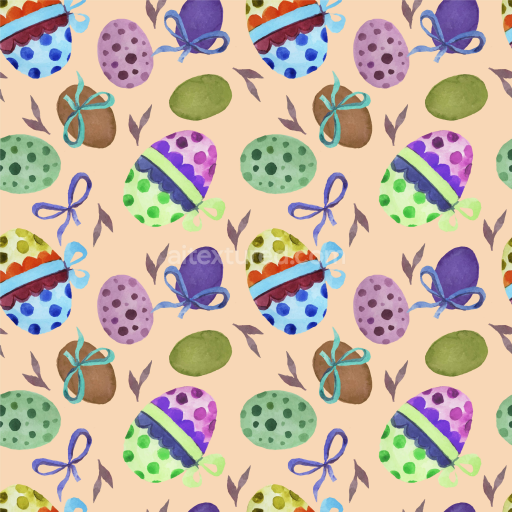 Seamless 3D PBR texture with colorful watercolor Easter eggs and bows