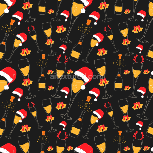 Seamless 3D PBR Texture Featuring Festive Champagne Glasses and Holiday Hats