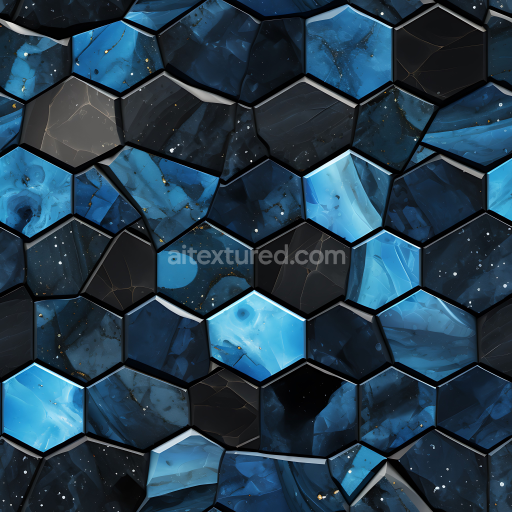 Seamless 3D Black and Blue Marble Mosaic PBR Texture with Hexagonal Tiles