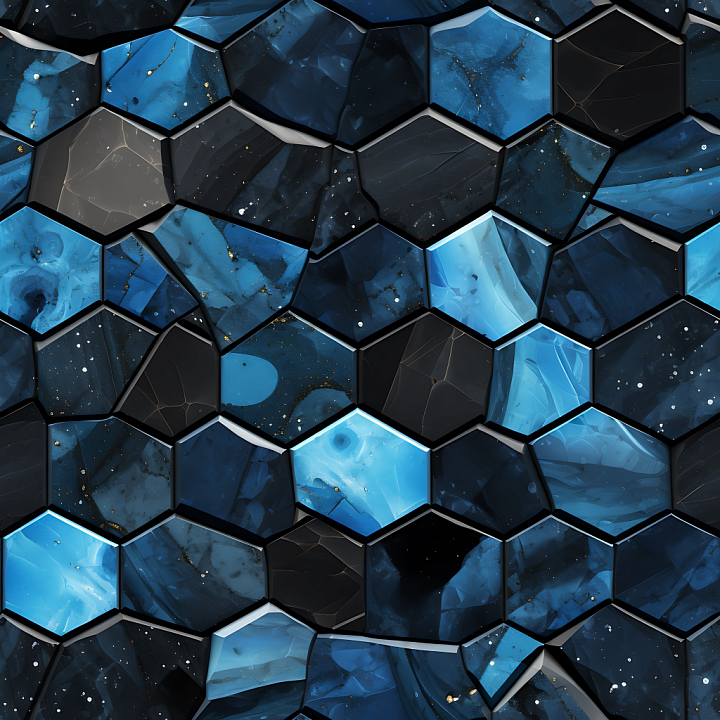 Black and Blue Marble Mosaic with Hexagonal Tiles seamless PBR texture preview