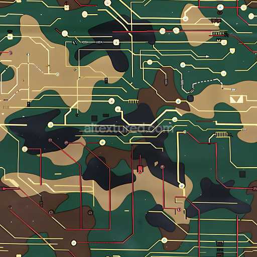Seamless 3D Techno Woodland Camouflage PBR Texture with Circuit Pattern Overlay