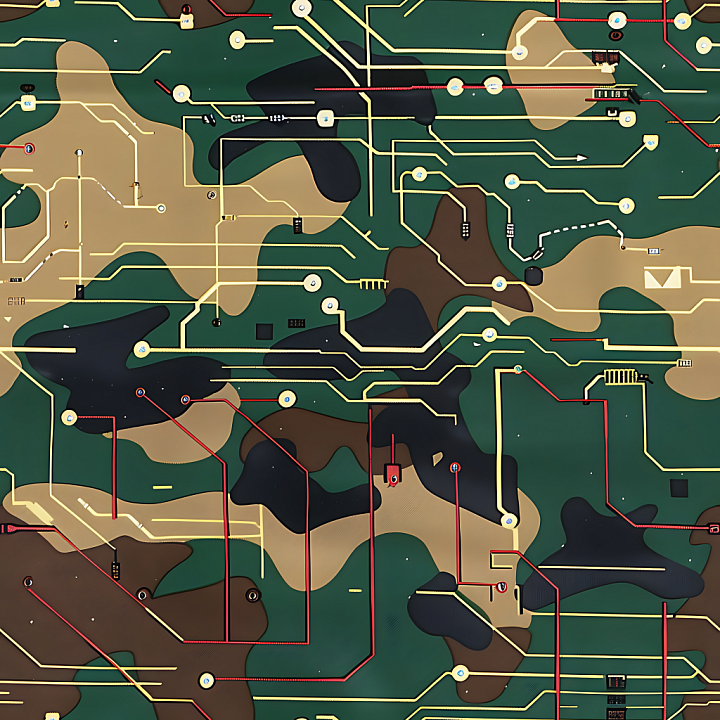 Techno Woodland Camouflage with Circuit Pattern Overlay seamless PBR texture preview