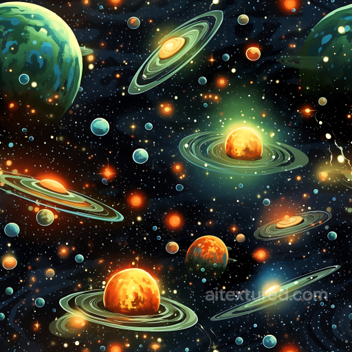 Space PBR Texture Featuring Vibrant Ringed and Rocky Planets with Glowing Starfield seamless Star, space, planets PBR texture