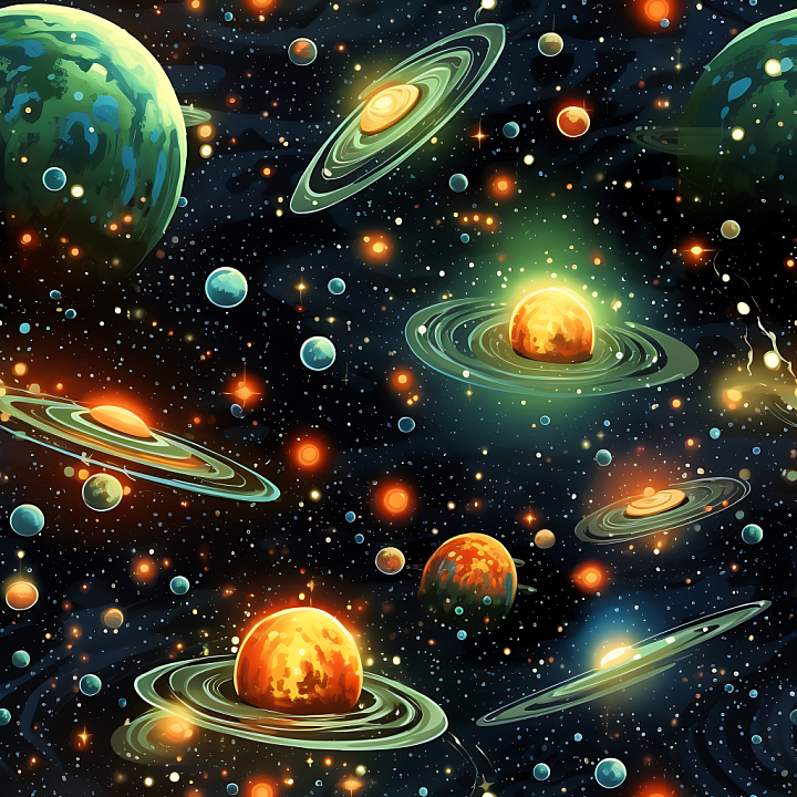 Space Featuring Vibrant Ringed and Rocky Planets with Glowing Starfield seamless PBR texture preview
