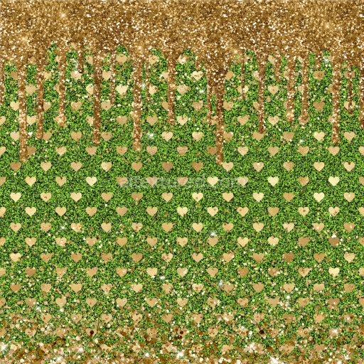 Seamless 3D PBR texture of sparkling gold and green glitter with heart pattern and dripping effect