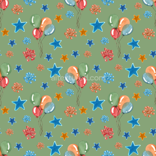 Seamless 3D PBR Watercolor Birthday Fabric Texture with Balloons and Stars