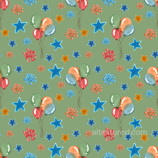 Watercolor Birthday Fabric Texture with Balloons and Stars seamless Birthday PBR texture