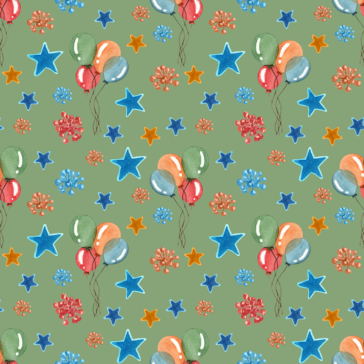 Watercolor Birthday Fabric with Balloons and Stars seamless PBR texture preview