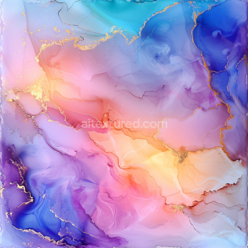 Seamless 3D Alcohol Ink PBR Texture Featuring Violet Coral Waves and Golden Veining