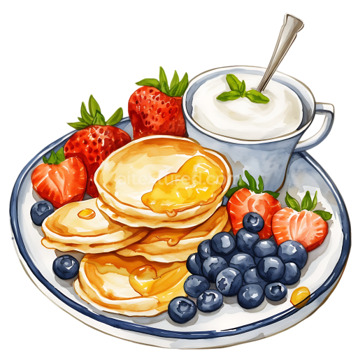 Breakfast Pancakes with Blueberries, Strawberries & Cream Illustration