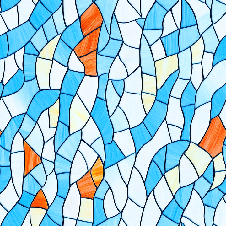 Mosaic Featuring Blue and Orange Stained Glass Tiles seamless PBR texture preview