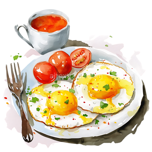 Bright Sunny Side Up Eggs with Fresh Tomatoes and Tea Breakfast Illustration