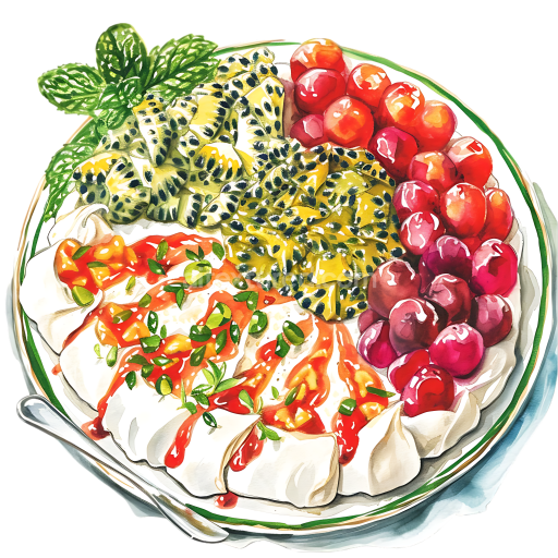 Breakfast Pavlova Grazing Platter with Passionfruit & Berries Illustration