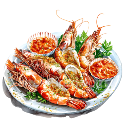 seamless Grilled Seafood Platter with Romesco Sauce and Herbs Breakfast Graphic texture 8k free download PBR